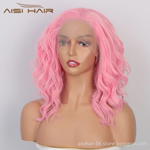 Aisi Hair Wholesale Medium Long Body Wavy Pink Wig Long Wavy Swiss Lace Wig Synthetic Lace Frontal Hair Wigs For Black Women